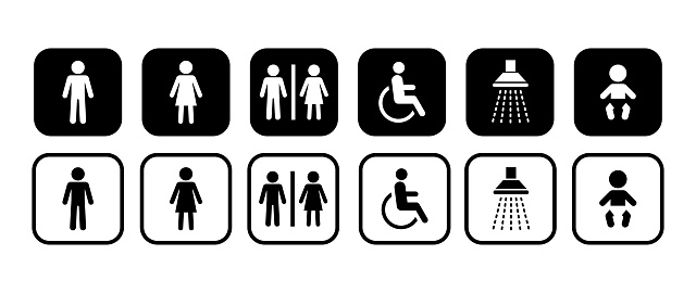 Different icons for restroom. Men, Woman, People with disability, Shower, Child. Vector signs