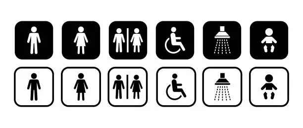 Vector illustration of Different icons for restroom. Men, Woman, People with disability, Shower, Child. Vector signs