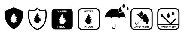 ilustraciones, imágenes clip art, dibujos animados e iconos de stock de iconos a prueba de agua. recogida de señales resistentes al agua. vector aislado en blanco - impermeable