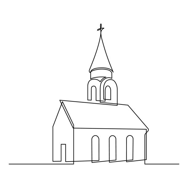 Church building Church in continuous line art drawing style. Abstract church building with bell-tower. Minimalist black linear sketch isolated on white background. Vector illustration church stock illustrations