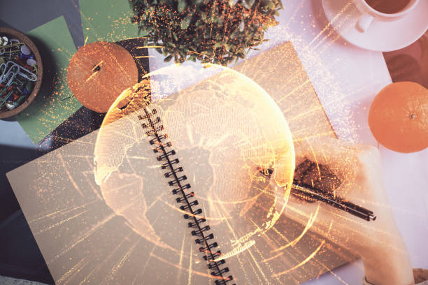 istock Social network theme hologram over hands taking notes background. Concept of global international people connect. Double exposure 1307648175