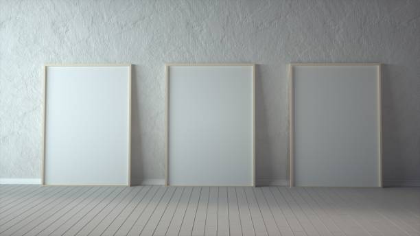Three vertical wooden frame poster on wooden floor with white wall. 3 frame mock up. 3D illustration