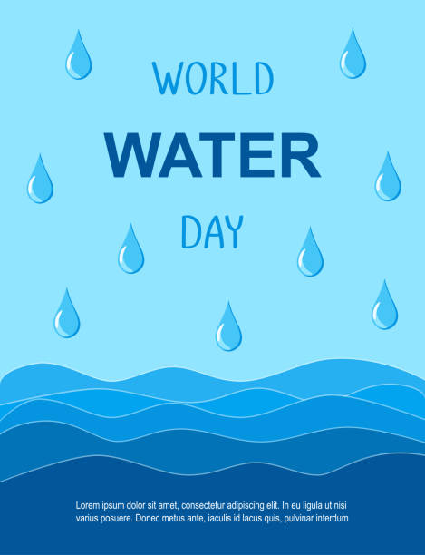 ilustrações, clipart, desenhos animados e ícones de bandeira vetorial do dia mundial da água. ondas e gotas no fundo azul - dia mundial da agua