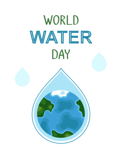 ilustrações, clipart, desenhos animados e ícones de bandeira vetorial do dia mundial da água. planeta terra na queda azul e texto no fundo branco - dia mundial da agua