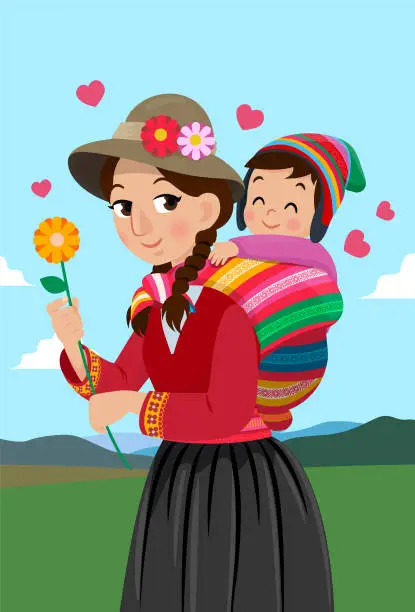 Vector illustration of Happy mothers day, happy Andean mom day. Peruvian mother