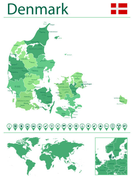 Denmark detailed map and flag. Denmark on world map. Detailed map of Denmark with country flag and location on world map. Vector illustration aalborg stock illustrations