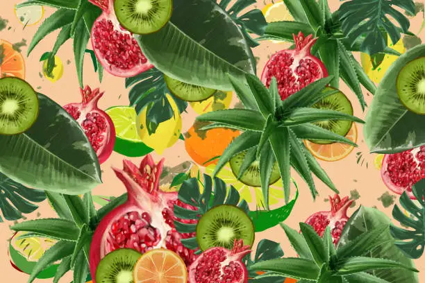 Vector illustration of Tropical fruit and leaves background