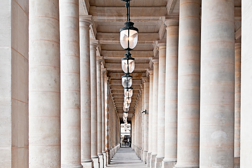Colonnade in Palais Royal, Paris . (near Buren Columns, Council of State and Constitutional Council)