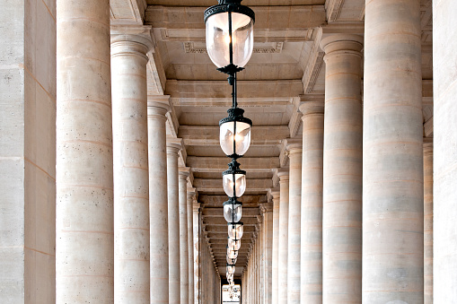 Colonnade in Palais Royal, Paris . (near Buren Columns, Council of State and Constitutional Council)