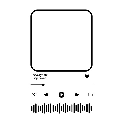 Music player interface with buttoms, loading bar, sound wave sign and frame for album photo. Trendy song plaque, template for romantic gift. Vector outline illustration.