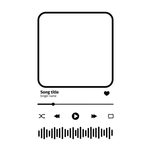 Vector illustration of Music player interface with buttoms, loading bar, sound wave sign and frame for album photo. Trendy song plaque, template for romantic gift. Vector outline illustration