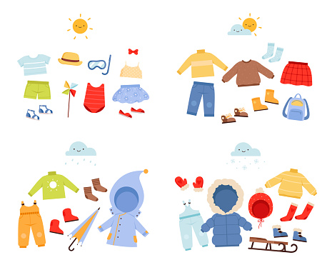 Season wardrobe. Casual clothes for different weather seasons pants jackets caps and scarf nowaday vector pictures. Illustration wardrobe spring, summer season