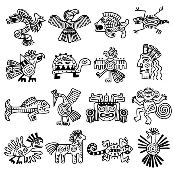 stockillustraties, clipart, cartoons en iconen met oud stammenembleem. mexicaanse azteekse pictogrammen dieren decoratie maya patroon recente vector collectie - maya