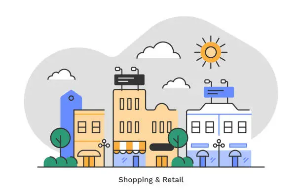 Vector illustration of Shopping & retail district—flat monoline illustration of urban skyline with editable stroke