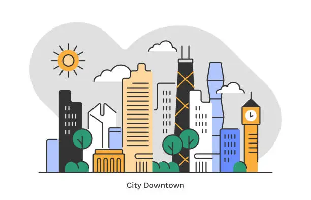 Vector illustration of City downtown—flat monoline illustration of urban skyline with editable stroke