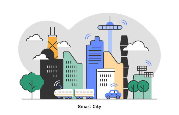 inteligentne miasto — płaska jednoliniowa ilustracja miejskiej panoramy z edytowalnym skokiem - driverless train stock illustrations