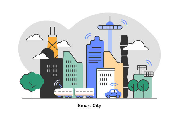 ilustrações de stock, clip art, desenhos animados e ícones de smart city—flat monoline illustration of urban skyline with editable stroke - driverless train