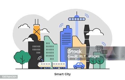 istock Smart city—flat monoline illustration of urban skyline with editable stroke 1307664364