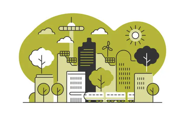 Vector illustration of Sustainable city—flat monoline illustration of urban skyline with editable stroke