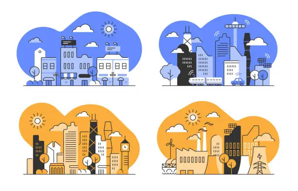 Vector illustration of Set of flat monoline illustration of urban skyline with editable stroke