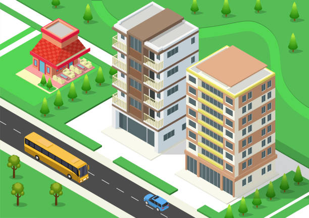 Isometric city with skyscraper building Isometric city with skyscraper building, highway, and trees kantor stock illustrations