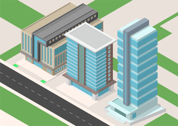 Isometric city with skyscraper building Isometric city with skyscraper building and highway kantor stock illustrations