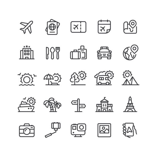 Travel & Vacation Line Icons Editable Stroke Set of travel and vacation line vector icons. Editable stroke. eiffel tower restaurant stock illustrations