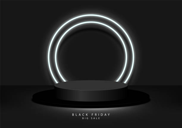 Black Friday Sale Concept. Circle black podium, decoration with neon light white round design on dark background. Stage empty for decor for Product, Advertising, Show, Award. Vector illustration. Black Friday Sale Concept. Circle black podium, decoration with neon light white round design on dark background. Stage empty for decor for Product, Advertising, Show, Award. Vector illustration. black friday stock illustrations
