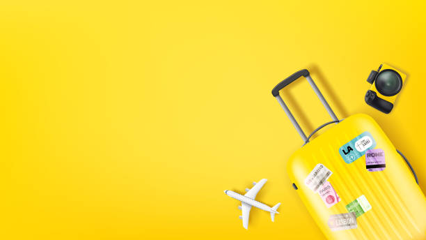 istock Travel illustration with yellow bag, camera and aircraft model. Flat lay illustration 1307680662