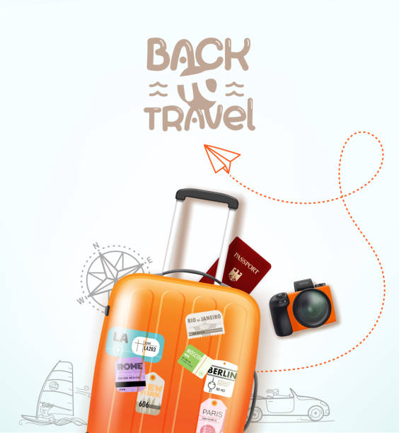 ilustraciones, imágenes clip art, dibujos animados e iconos de stock de ilustración de viaje con personal de viaje y logotipo - flying vacations doodle symbol