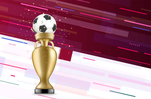 istock Champion shining trophy with golden confetti on abstract background and Quatar flag 1307680853