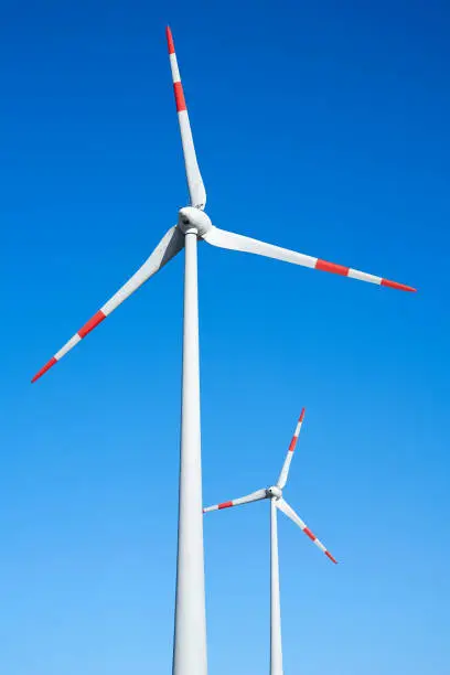 two wind turbines in the industrial area in the north of the city of Magdeburg in Germany