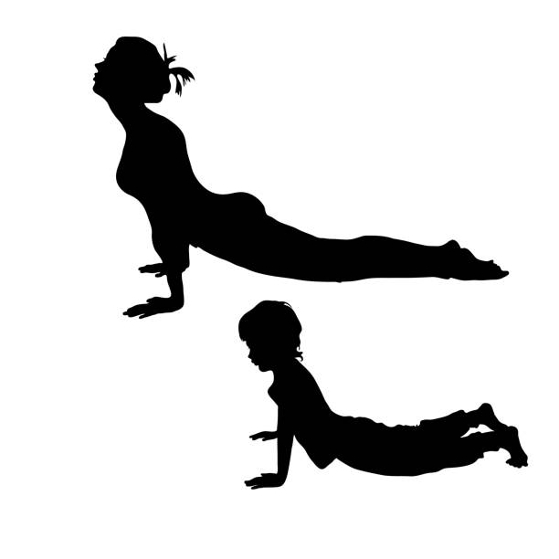 上向きの犬のポーズ。ウルドヴァ・ムカ・スヴァナサナ・ヨガ。ベクトルシルエット女性と子供の孤立した白い背景。お母さんと息子がヨガをしています。女の子は腰に曲がった背中で彼女� - offspring child lying on back parent点のイラスト素材／クリップアート素材／マンガ素材／アイコン素材