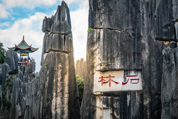 vista cênica do panorama da formação de calcário com shilin em caracteres chineses vermelhos no parque florestal de pedra shilin em yunnan china - the stone forest - fotografias e filmes do acervo