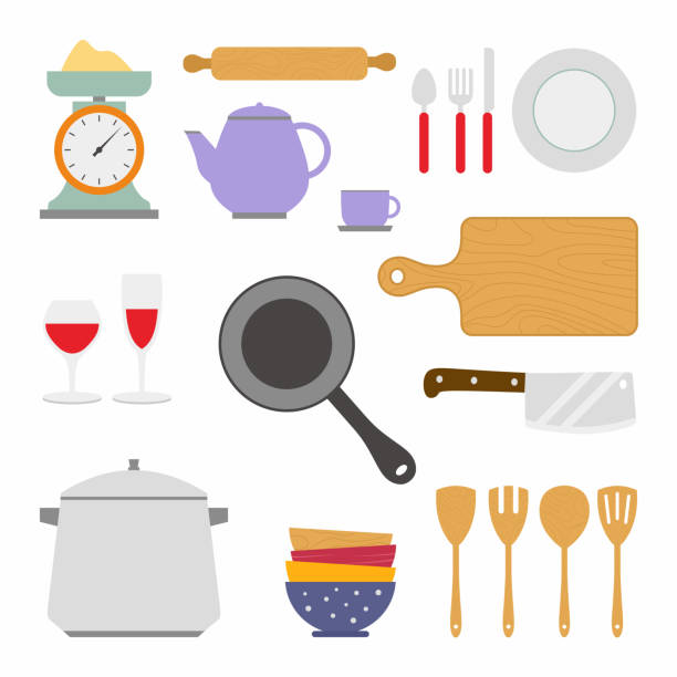 烹飪的東西。一套餐具，有平底鍋、盤子、杯子、茶壺、水壺、廚房秤、滾針、勺子、叉子、刀、切割板、碗和玻璃。用於烹飪插圖的扁平向量元素 - rolling fork 幅插畫檔、美工圖案、卡通及圖標