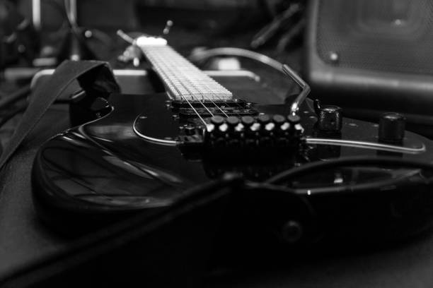 istock Black electric guitar with tremolo on a hard case 1307684669