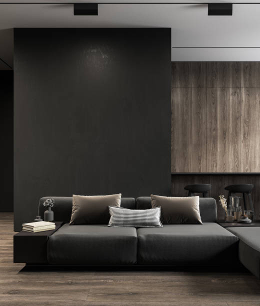 istock Modern, black minimalist interior with kitchen, sofa, wood floor, wall panels and marble kitchen island. 3d render illustration mock up. 1307687312