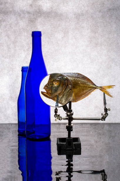istock Still life with blue bottles and sea fish with magnifying glass 1307689930