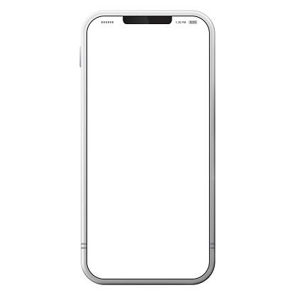 White smartphone with blank screen on concrete table from above