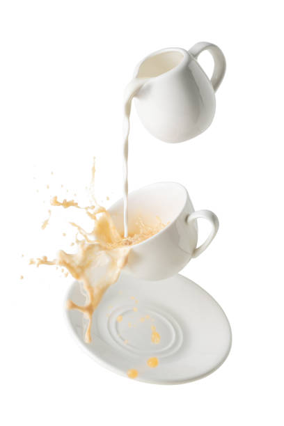 pouring milk and splashing milk tea from flying cup and saucer isolated on white background stock photo