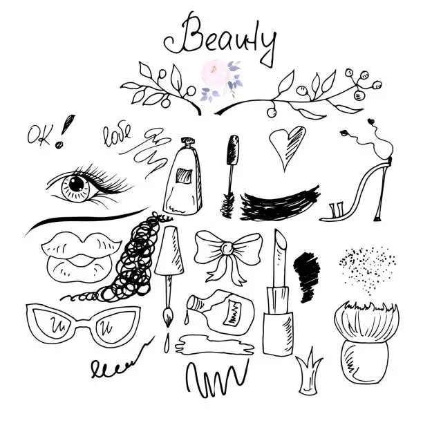 Vector illustration of Big vector fashion sketch set. Hand drawn graphic shoes, bag, makeup brush,  perfum , flowers.Glamour fashion vector illustration.