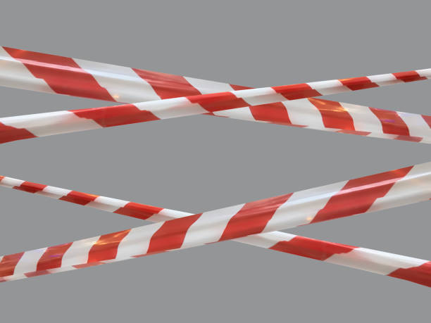 Red and white warning lines of barrier tape prohibit passage Red and white warning lines of barrier tape prohibit passage. Barrier tape on gray isolate. Barrier that prohibits traffic. Danger unsafe area warning do not enter. Concept of no entry. Copy space striped ribbon stock pictures, royalty-free photos & images