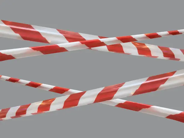 Red and white warning lines of barrier tape prohibit passage. Barrier tape on gray isolate. Barrier that prohibits traffic. Danger unsafe area warning do not enter. Concept of no entry. Copy space