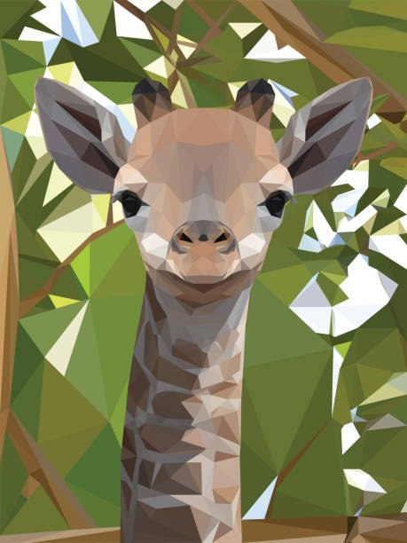 ilustrações de stock, clip art, desenhos animados e ícones de geometrical illustration of a baby giraffe head in the trees - giraffe pattern africa animal