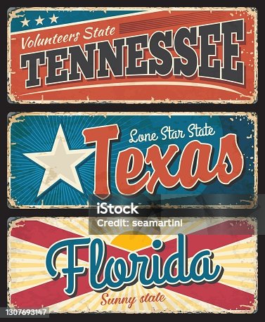 istock Tennessee, Texas and Florida states rusty plates 1307693147