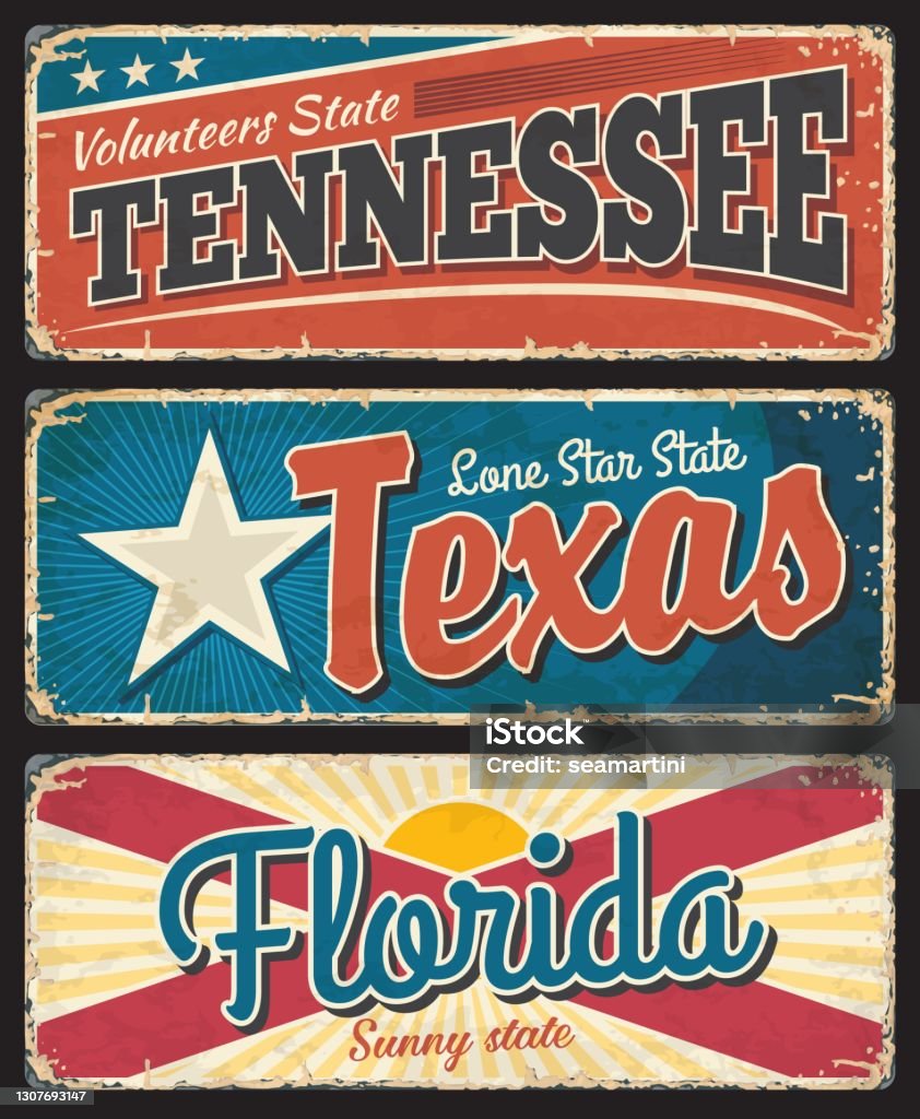 田納西州、德克薩斯州和佛羅里達州生鏽的盤子 - 免版稅德州圖庫向量圖形