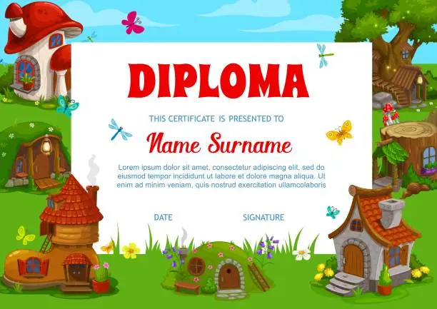 Vector illustration of School diploma template with fantasy buildings