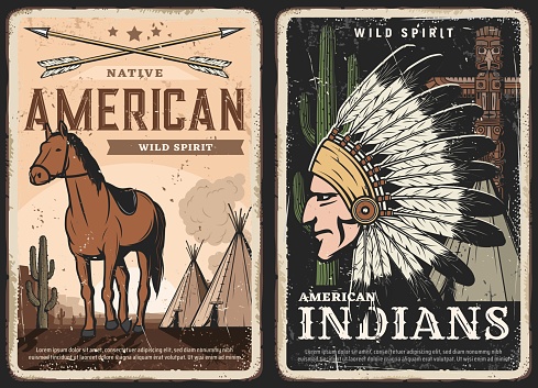 Native americans, Indigenouss spirit retro posters, grungy banners. Crossed bow arrows, mustang horse and tipi tent, Indigenous chief or warrior in war bonnets feathered headgear, totem statue vector