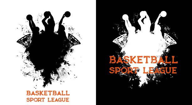 Basketball league players and ball in basket hoop Basketball league players and ball in basket hoop, sport team club vector poster. Basketball league championship and tournament, silhouette of players shooting ball in basket hoop, splash background white t shirt silhouette stock illustrations