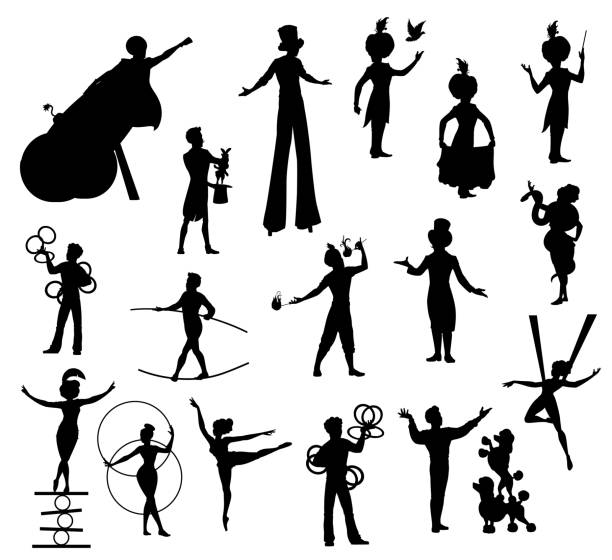 zirkus-performer schwarze silhouetten vektor-künstler - jester joker clown silhouette stock-grafiken, -clipart, -cartoons und -symbole